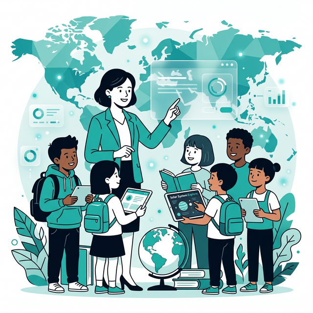 Friendly teacher with a diverse group of kids, books, a globe, and a world map background